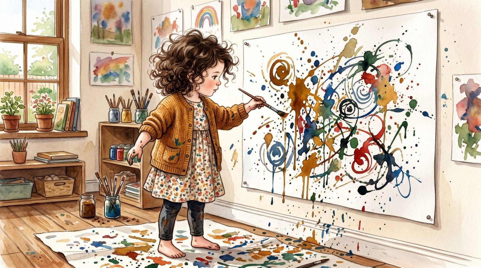 Noa haciendo action painting estilo Pollock — ilustración acuarela infantil — Los Mundos de Noa