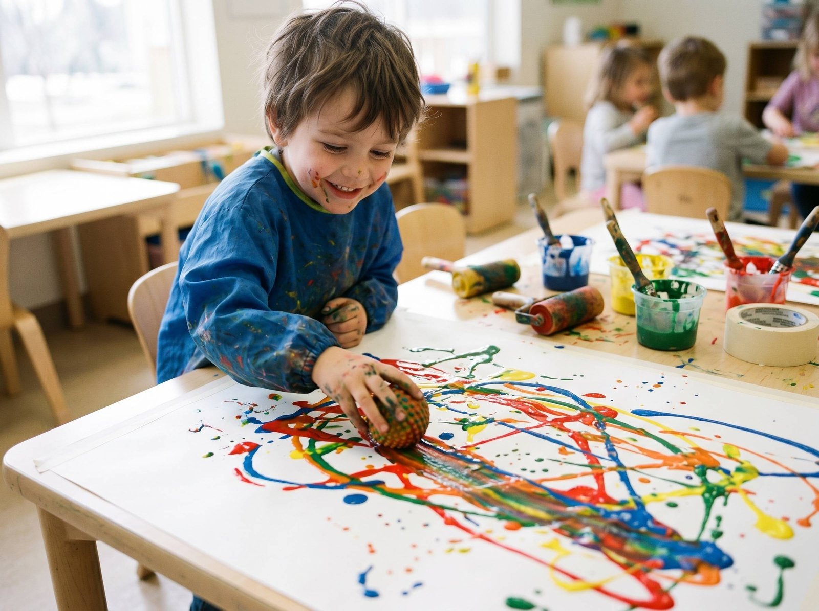 Niño rodando pelota en pintura sobre papel estilo Pollock — Los Mundos de Noa