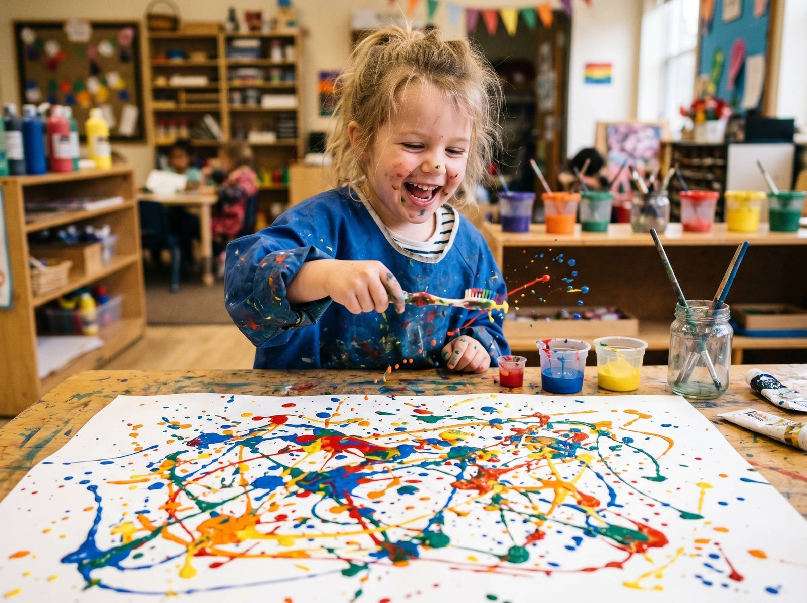 Niño salpicando pintura con cepillo de dientes estilo Pollock — Los Mundos de Noa