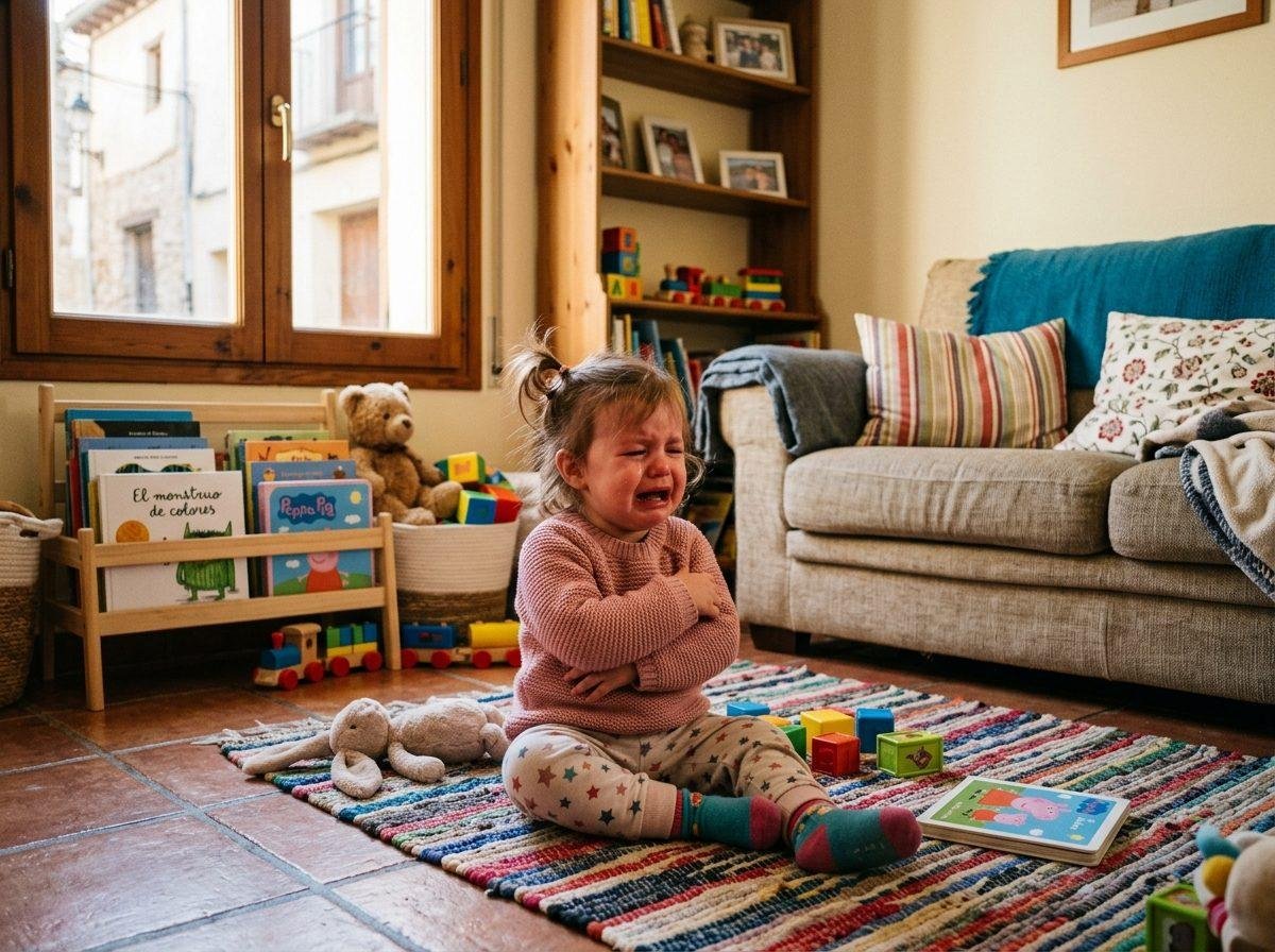 Niña de 2 años llorando frustrada en casa — Los Mundos de Noa