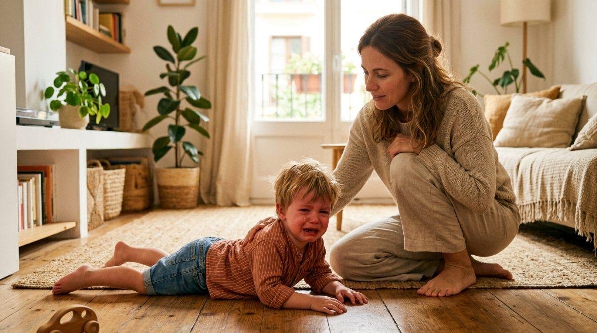 Niño de 2 años gestionando una rabieta con acompañamiento de su madre — Los Mundos de Noa