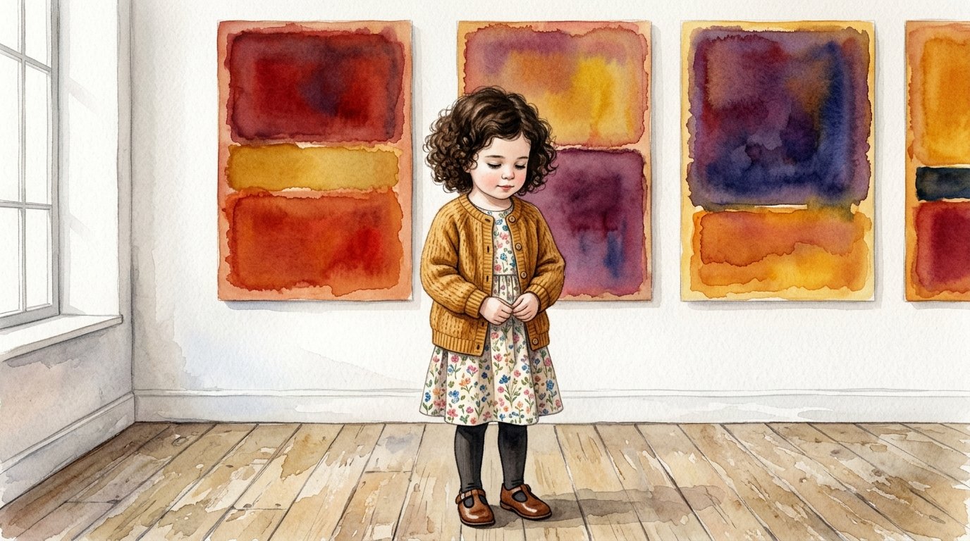 Noa contemplando campos de color Rothko — ilustración acuarela infantil — Los Mundos de Noa