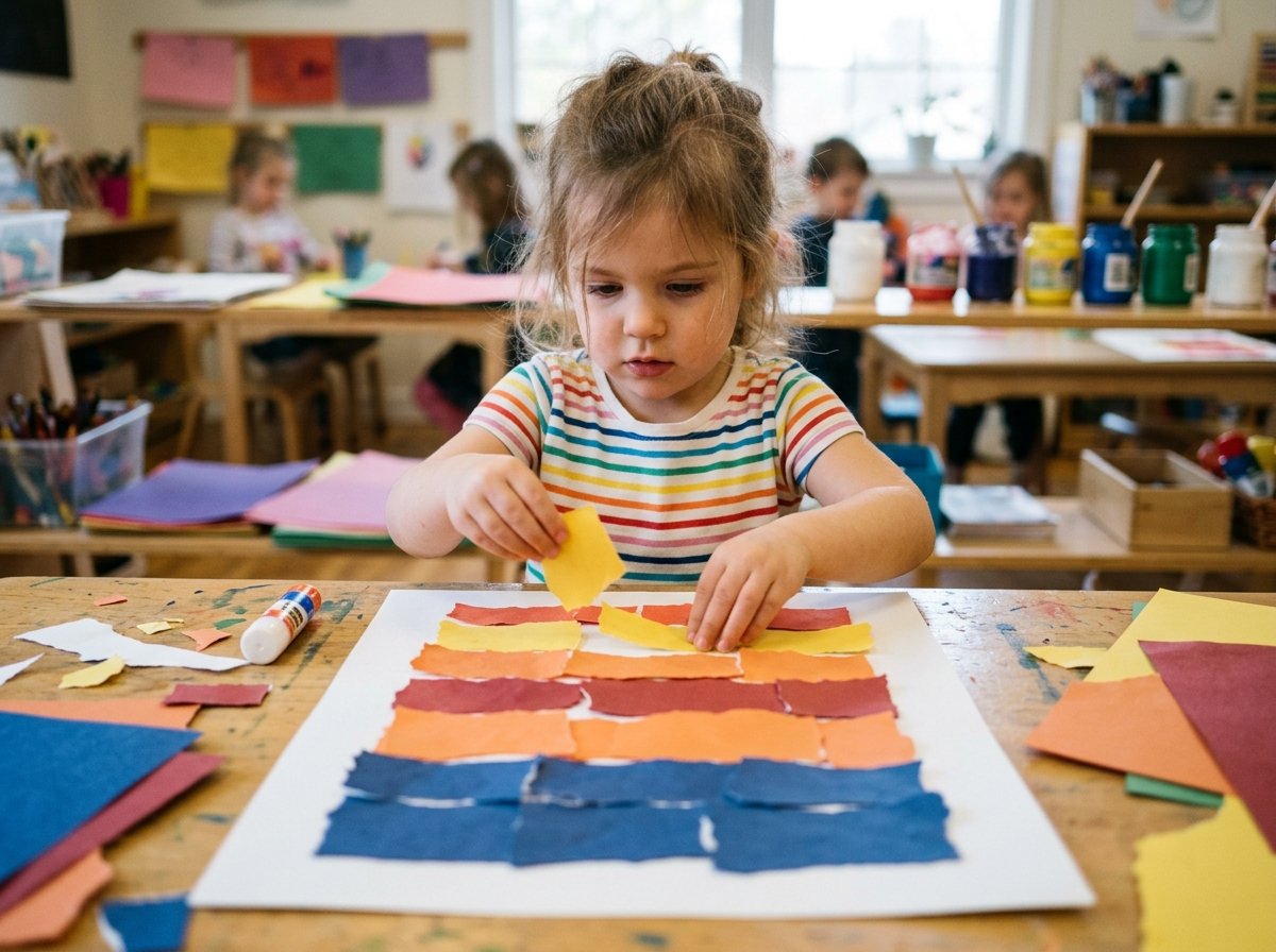 Niño componiendo rectángulos de papel rasgado estilo Rothko — Los Mundos de Noa
