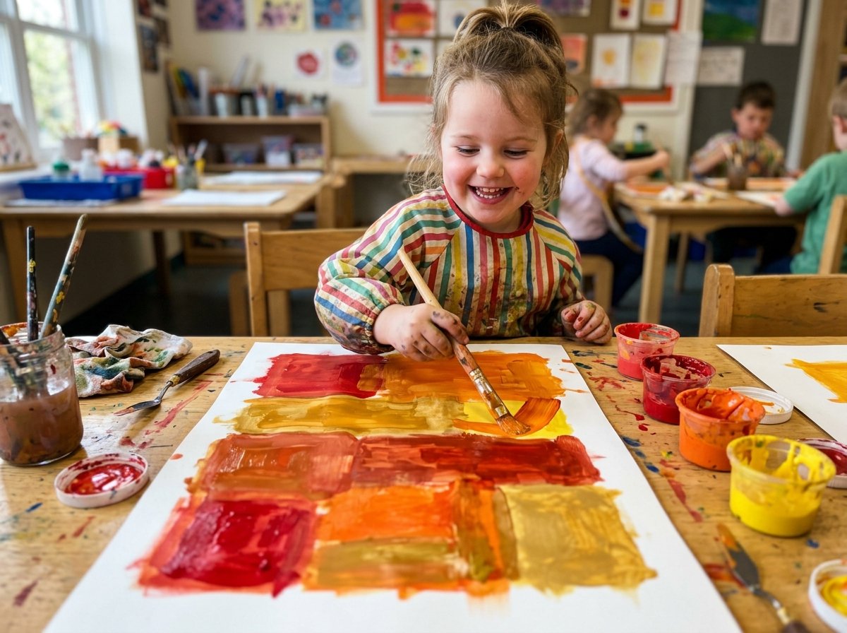 Niño pintando rectángulos grandes con acrílicos estilo Rothko — Los Mundos de Noa