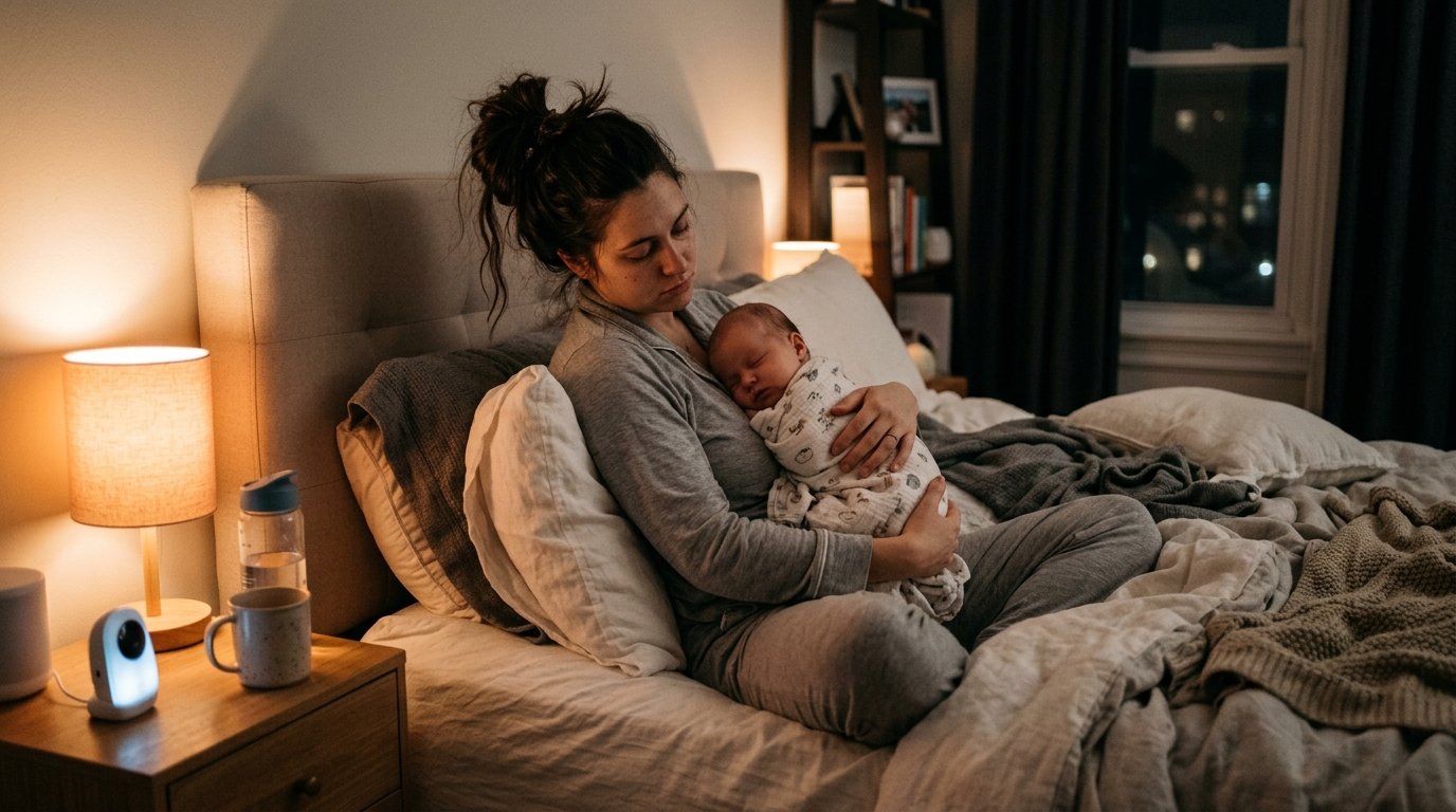 Madre agotada con bebé dormido en brazos de noche — sueño infantil Los Mundos de Noa