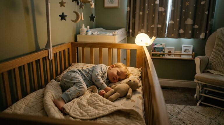 Bebé durmiendo tranquilo en su cuna con luz nocturna suave — Los Mundos de Noa