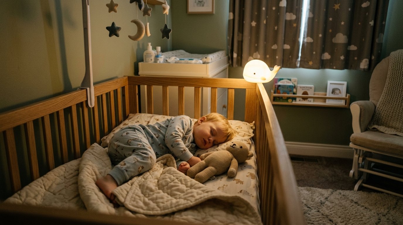 Bebé durmiendo tranquilo en su cuna con luz nocturna suave — entorno de sueño infantil