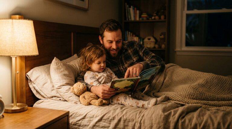 Padre leyendo cuento a su hijo de 2 años antes de dormir — rutina sueño infantil Los Mundos de Noa
