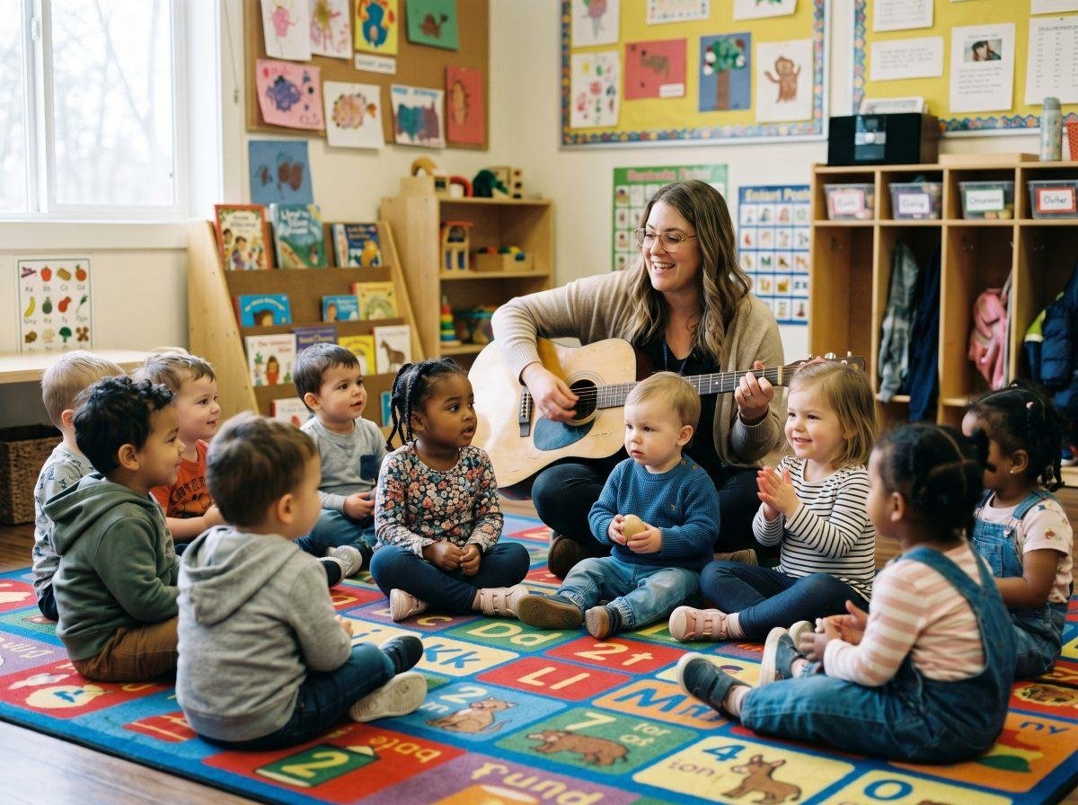 Asamblea musical en aula de infantil niños 1-3 años sentados en corro escuchando guitarra — Los Mundos de Noa