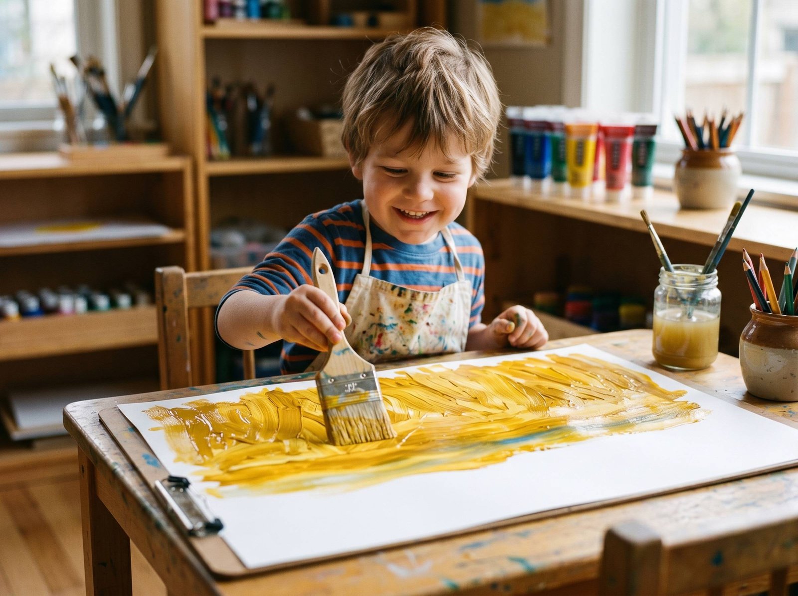 Niño de preescolar pintando campo de trigo con pincel grueso en colores dorados y amarillos, movimientos horizontales estilo Van Gogh