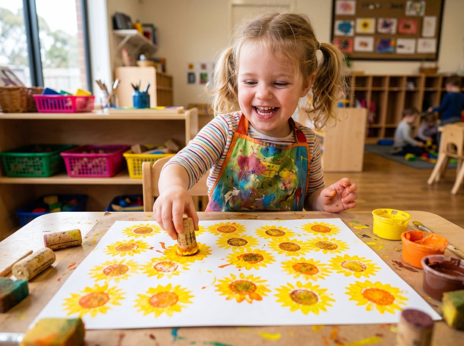 Niño estampando girasoles con esponja y corcho sobre papel blanco, colores amarillos y naranjas estilo Van Gogh