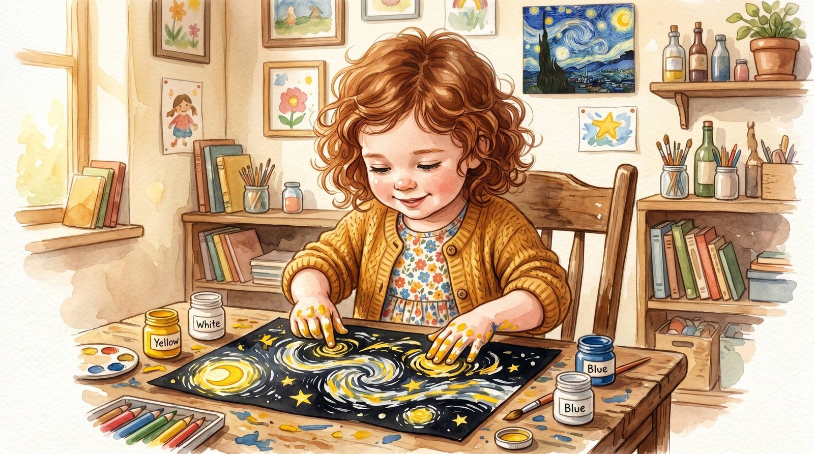 Noa pintando espirales estilo Van Gogh — Los Mundos de Noa