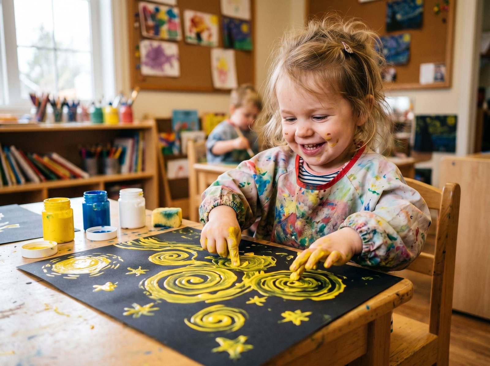 Niño haciendo pintura de dedos de la noche estrellada de Van Gogh sobre papel negro con espirales amarillas