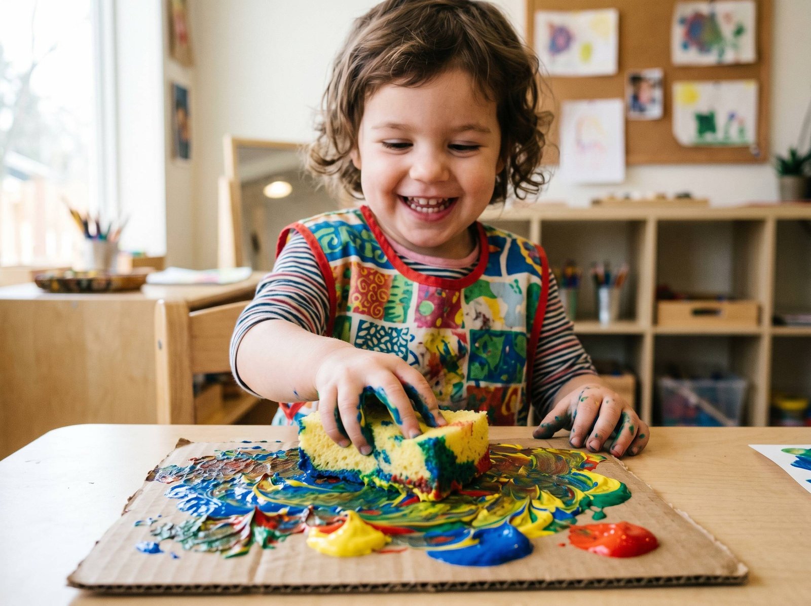 Niño con delantal aplicando pintura espesa con esponja sobre papel, creando textura en relieve estilo Van Gogh