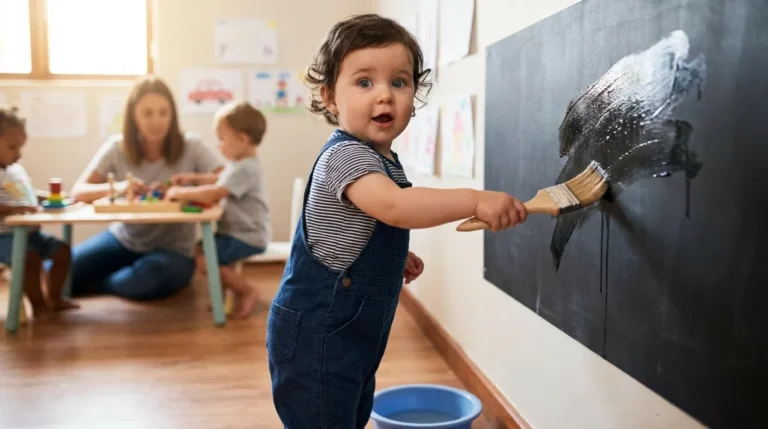Niña pequeña trazando con brocha mojada sobre pizarra negra en aula de infantil — pintura con agua para niños