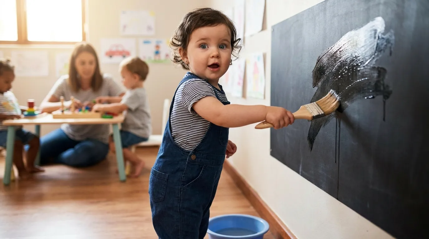 Niña pequeña trazando con brocha mojada sobre pizarra negra en aula de infantil — pintura con agua para niños