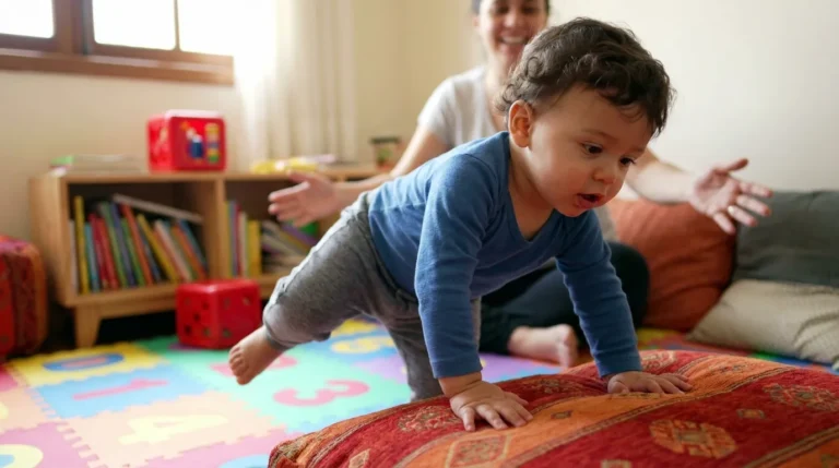 Bebé de 14 meses de pie apoyando las manos en una almohada de colores para cruzar el circuito — actividad de equilibrio y primeros pasos para bebés