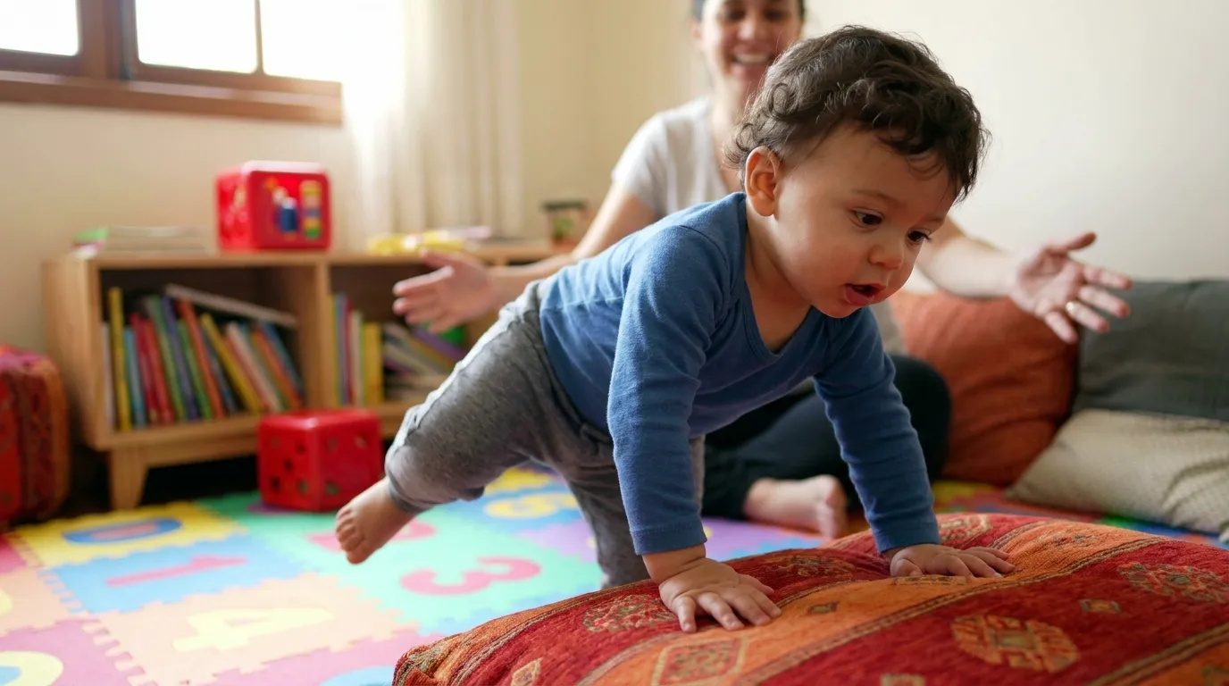 Bebé de 14 meses de pie apoyando las manos en una almohada de colores para cruzar el circuito — actividad de equilibrio y primeros pasos para bebés
