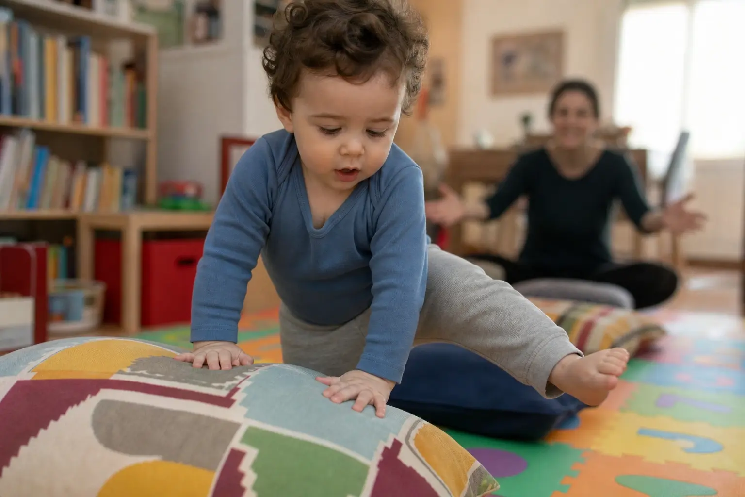 Bebé de 15 meses encima de una almohada mirando la siguiente con expresión de concentración — equilibrio dinámico en bebés