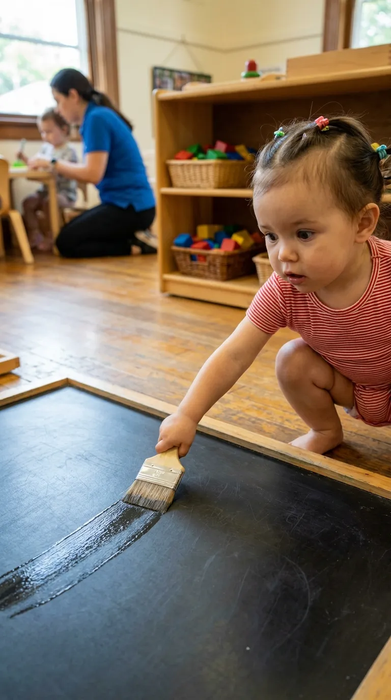 Bebé de un año trazando con brocha mojada sobre pizarra negra con expresión de concentración — pintura con agua niños