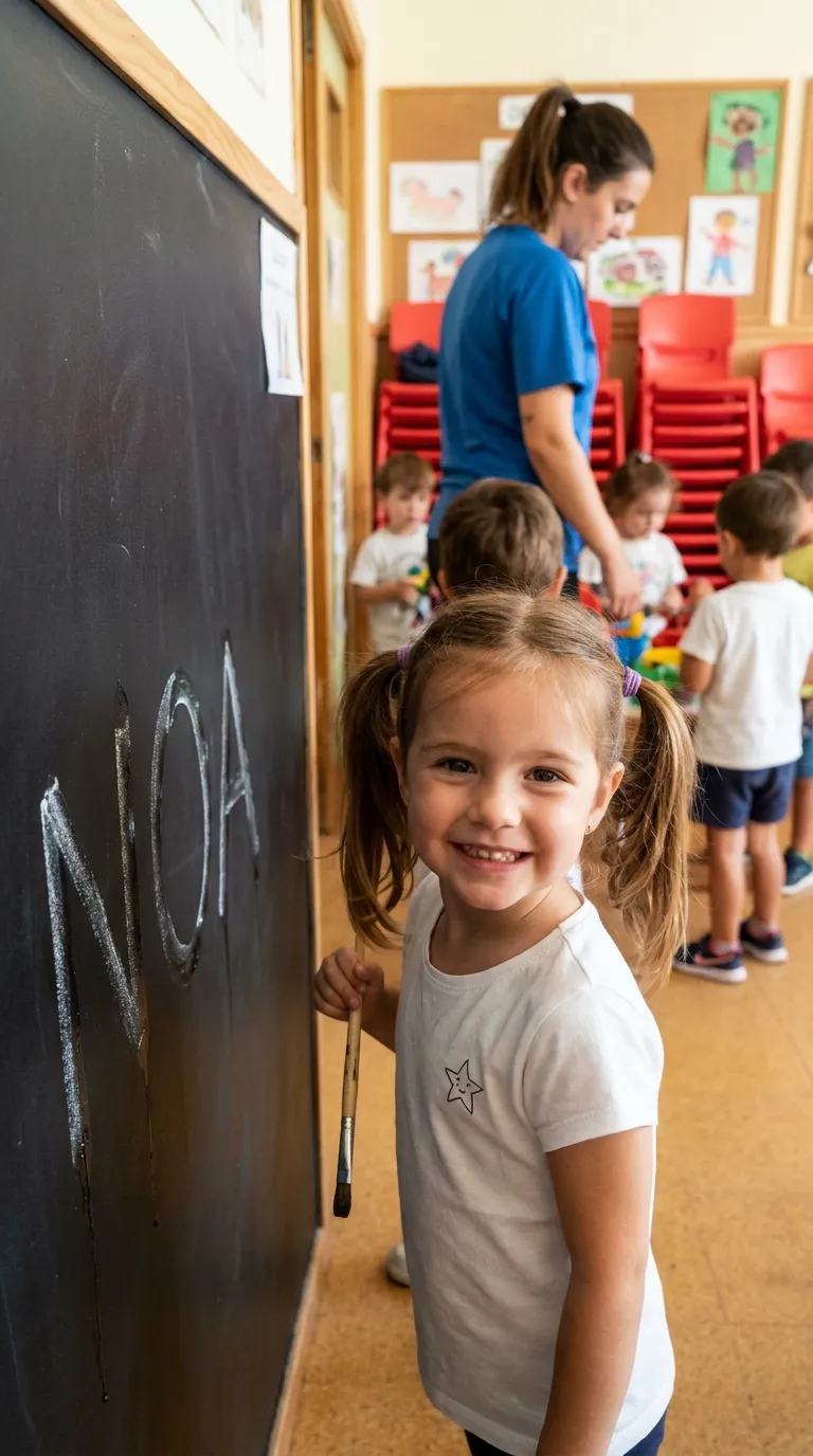 Niña de 4 años escribiendo letras con brocha y agua sobre pizarra negra — preescritura sin miedo al error