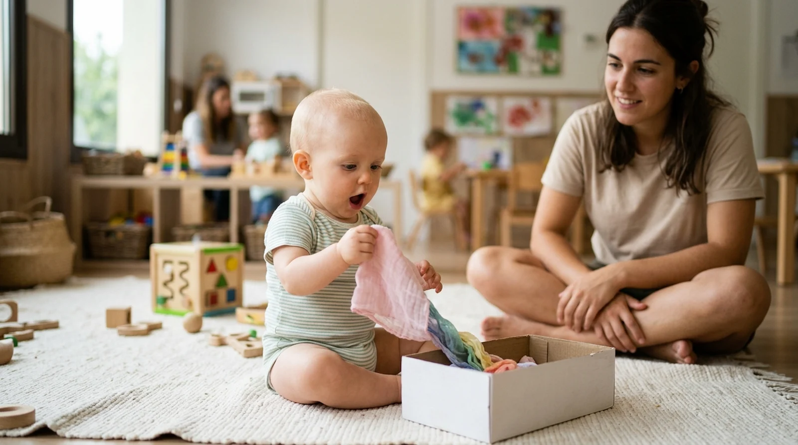 Bebé tirando con las dos manos de la cadena de pañuelos que sale de la caja — actividad sensorial bebé 9 meses