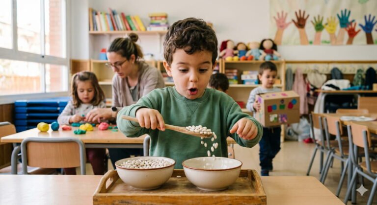 Niña europea de 3 años trasvasando lentejas con cuchara entre dos cuencos de madera en un aula infantil colorida — actividad de trasvases