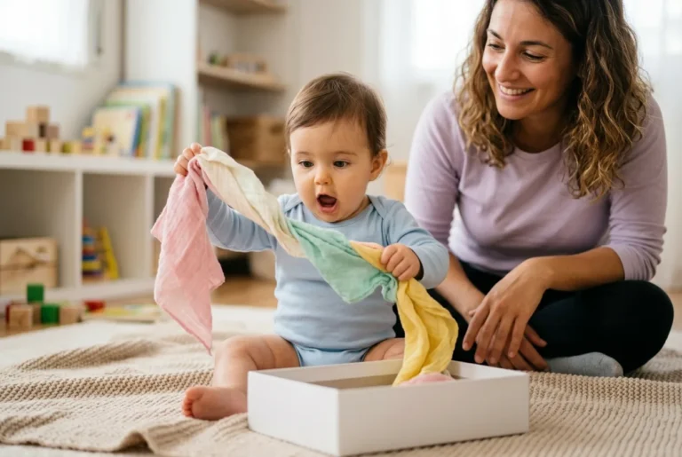 Bebé de 10 meses sacando un pañuelo de tela rosa de una caja sobre una manta — caja de pañuelos sensorial para bebés
