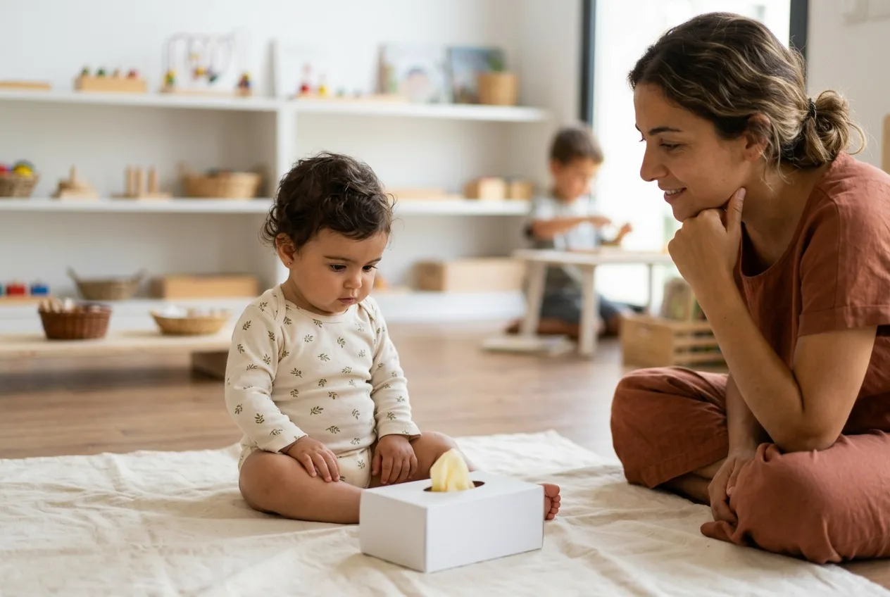 Bebé sentado observando la caja con la cadena de pañuelos preparada en el suelo — caja de pañuelos infinitos paso 1
