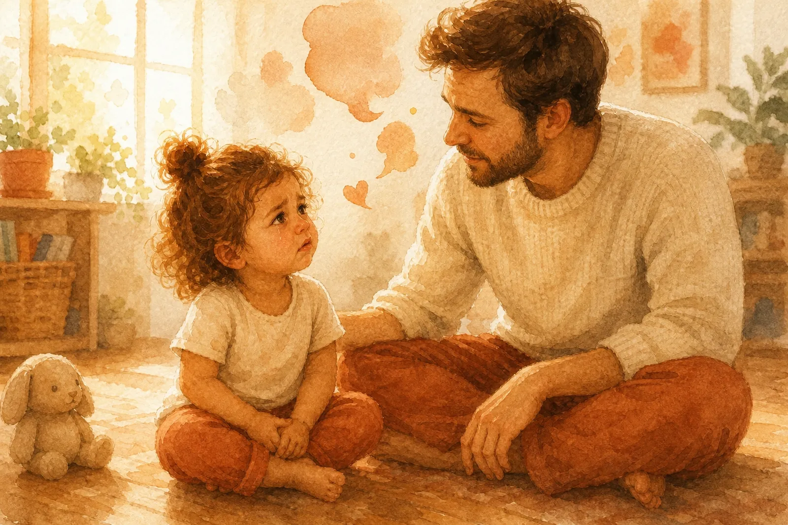 Padre hablando con voz suave a su hija de 2 años durante una rabieta, validando su emoción