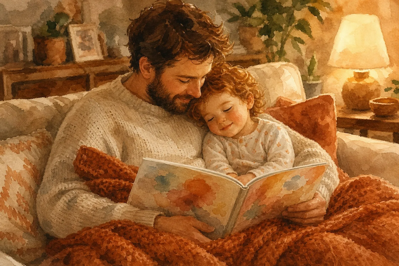 Padre leyendo un cuento a su hija de 2 años en el sofá con luz cálida nocturna