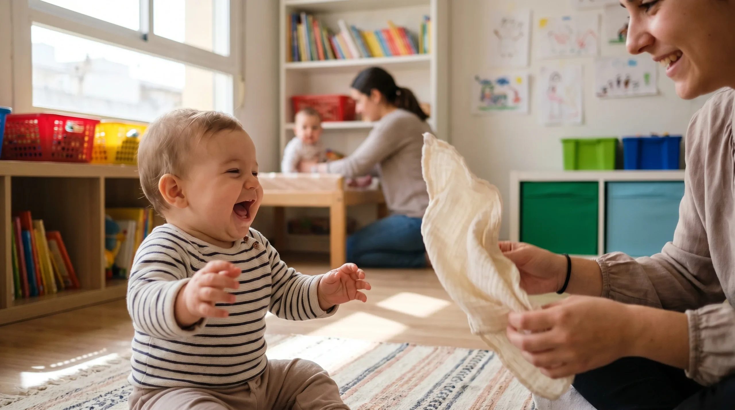Bebé europeo mediterráneo de 10 meses riendo a carcajadas mientras una educadora se destapa la cara con un pañuelo de gasa en un aula española — cucú-tras para bebés