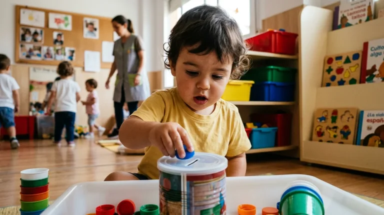 Bebé de unos 18 meses metiendo un tapón por la ranura de un bote en aula colorida — encajables caseros para bebés