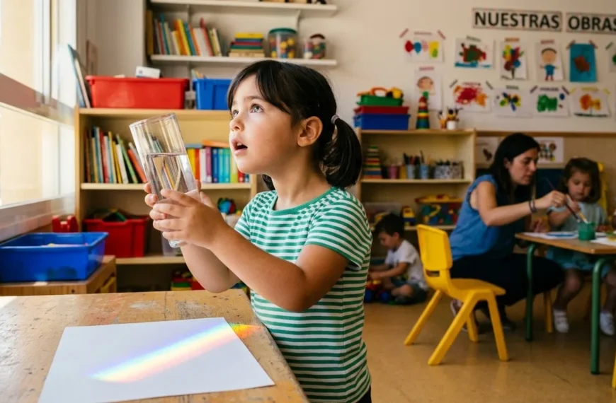 Niños realizando el experimento del arco iris con agua y luz solar