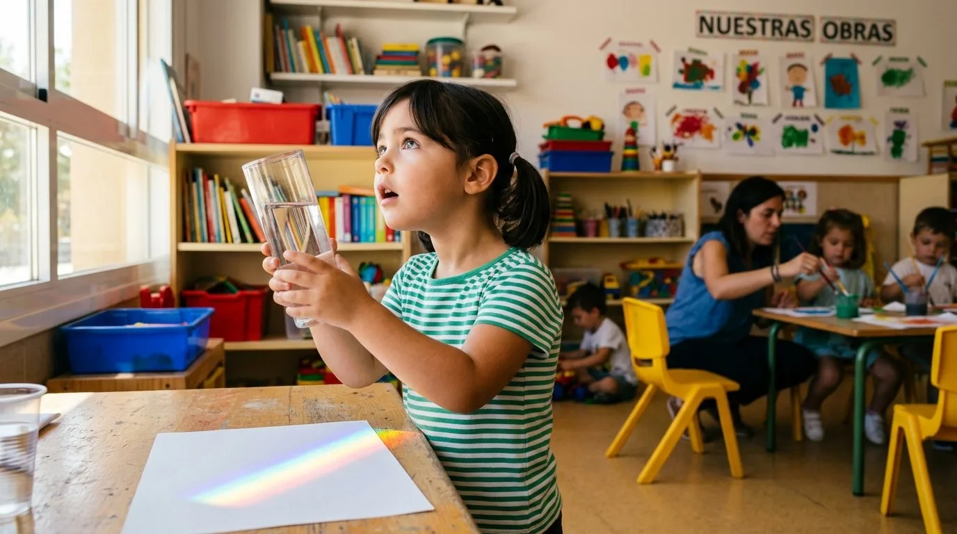 Niña de unos 4 años proyectando un arco iris sobre papel blanco con un vaso de agua a contraluz de una ventana soleada — experimento del arco iris para niños