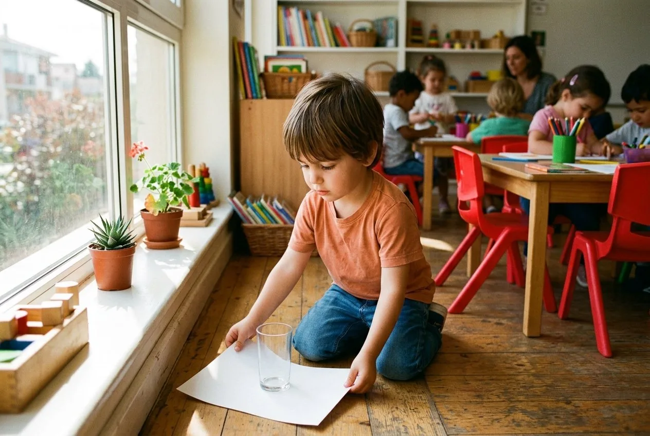 Niño de 3 años colocando una hoja de papel blanca bajo un vaso transparente vacío junto a una ventana soleada — preparación experimento del arco iris