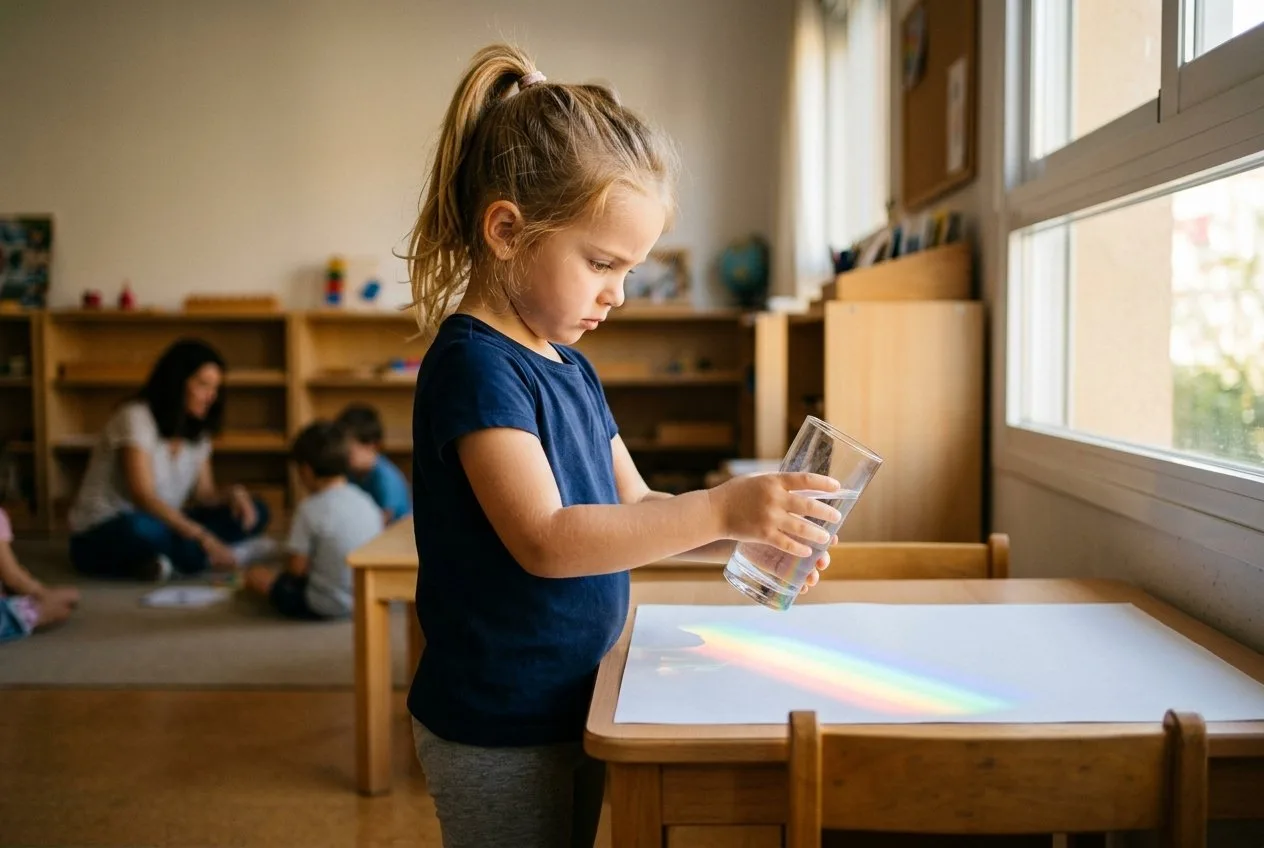 Niña de 4 años con expresión de asombro contemplando el arco iris proyectado sobre papel blanco desde un vaso con agua junto a la ventana — experimento del arco iris para niños