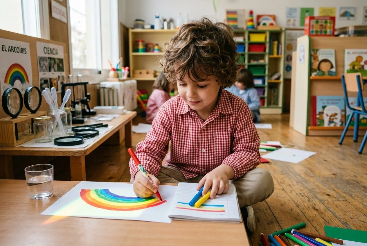 Niño de 5 años dibujando con rotuladores los colores del arco iris proyectado sobre su papel, con el vaso de agua en el borde de la mesa — registro científico infantil