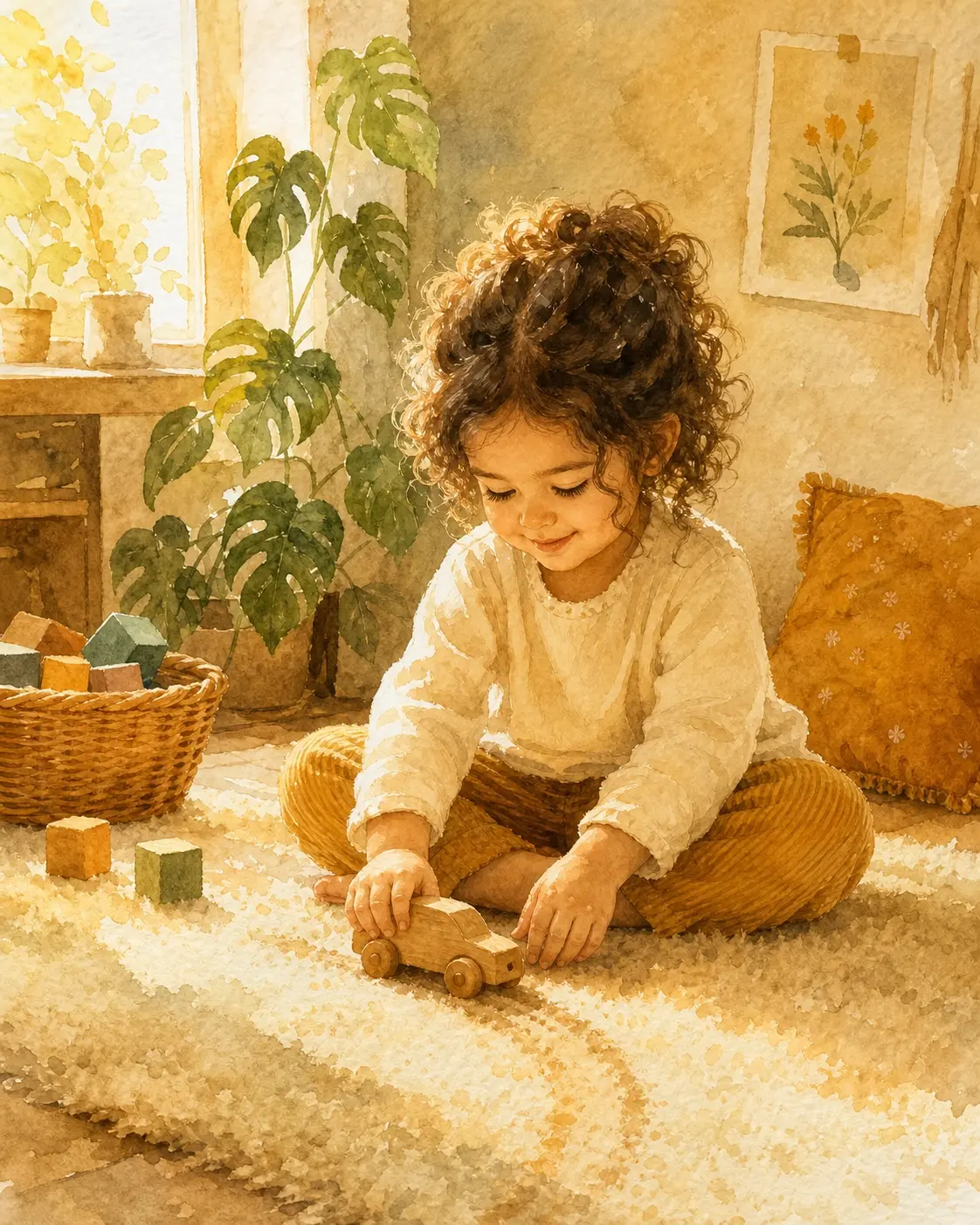 Niña de 2 años jugando contenta sola en el aula, cara relajada y sonrisa espontánea