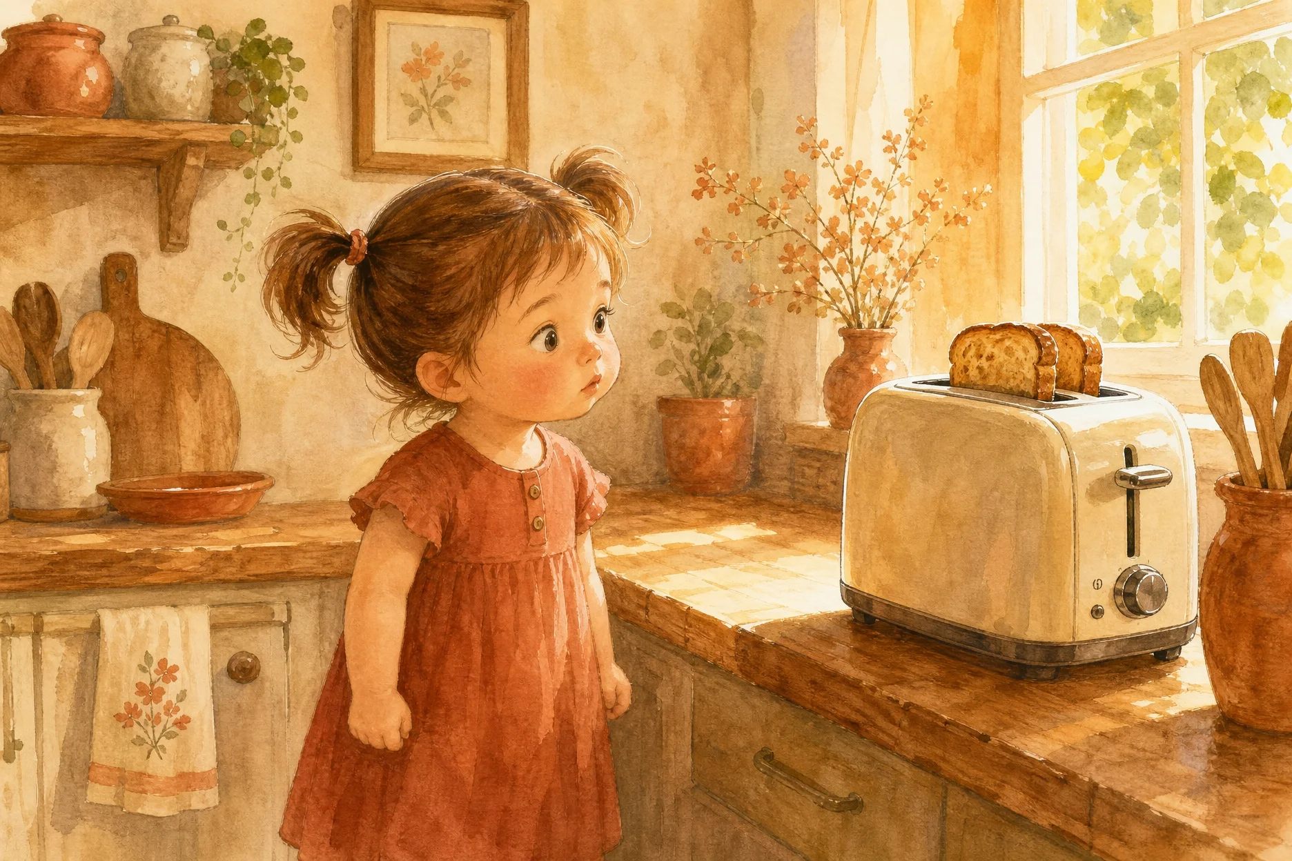 Noa con los brazos tensos esperando en la cocina — el detonante de la impaciencia a los 2 años