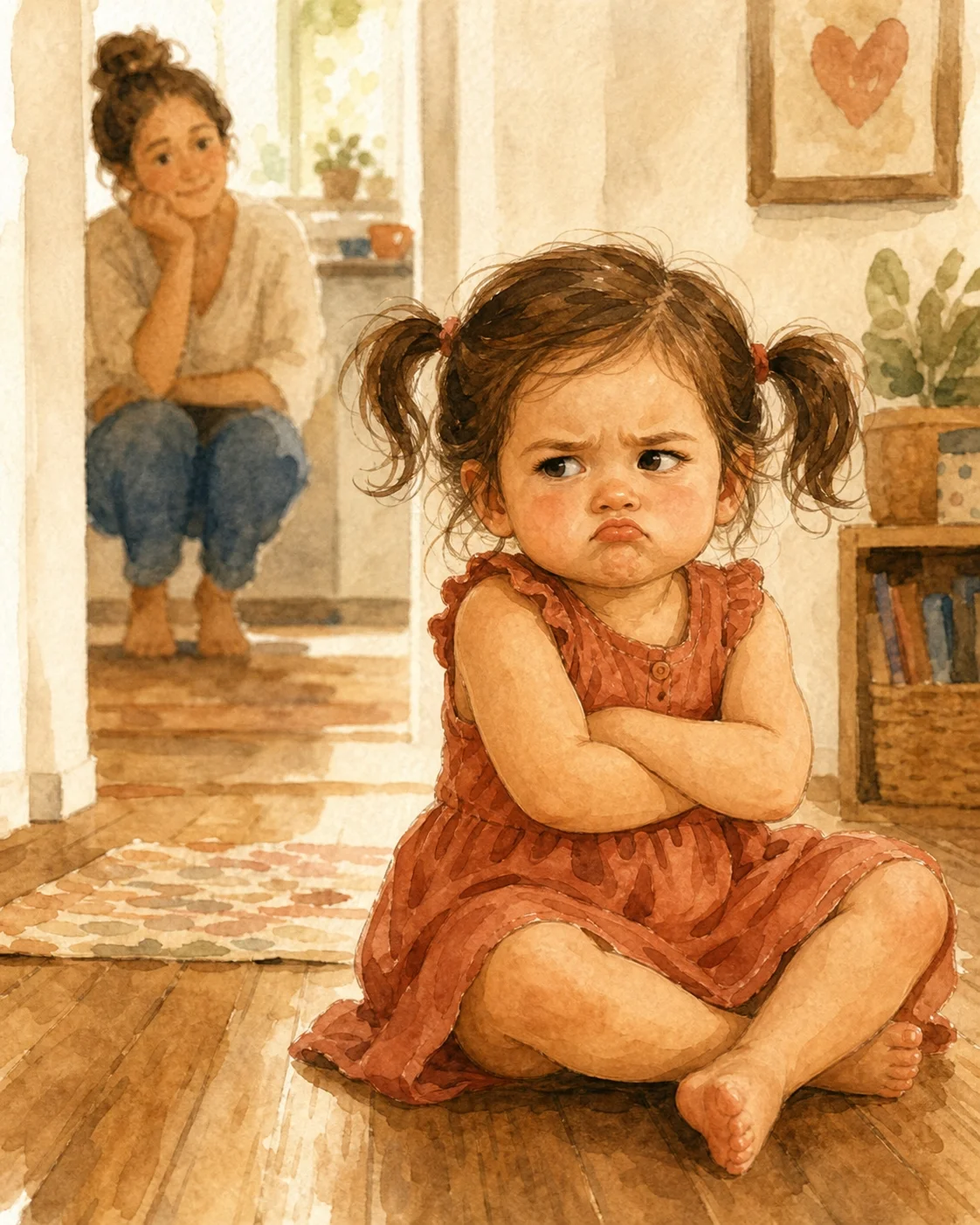 Noa sentada con el cuerpo tenso esperando, adulto bajando a su altura, ilustración acuarela tonos terracota