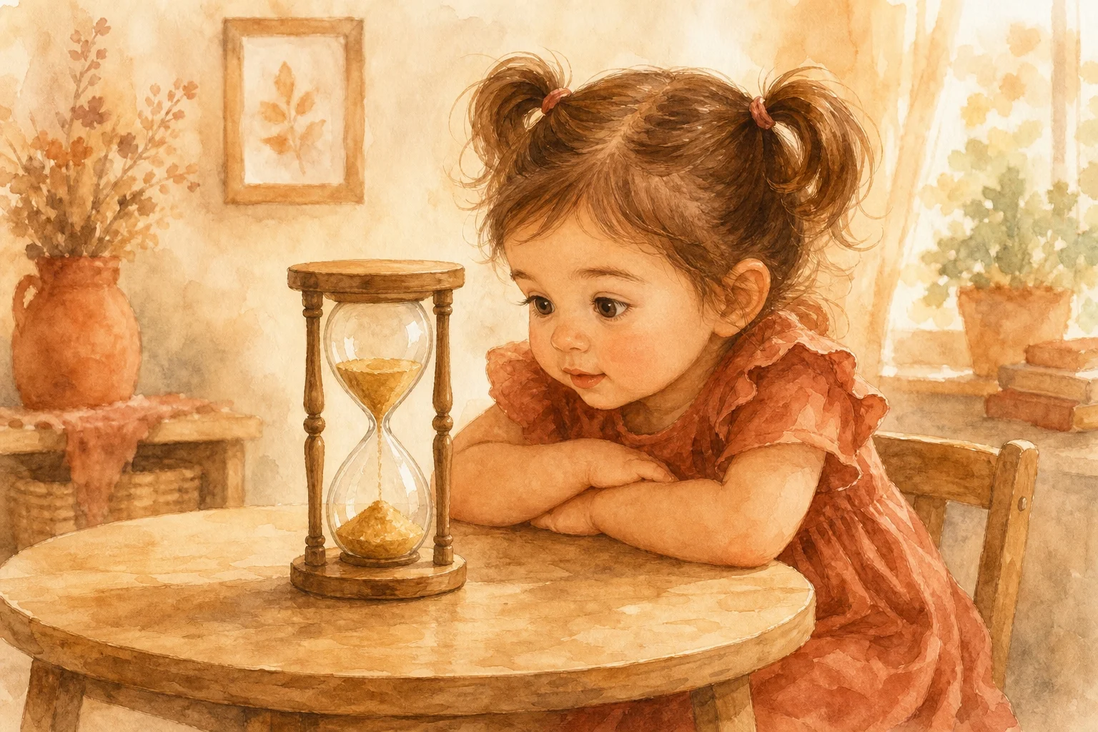 Adulto sentado en el suelo junto a Noa esperando, presencia tranquila sin resolver, ilustración acuarela