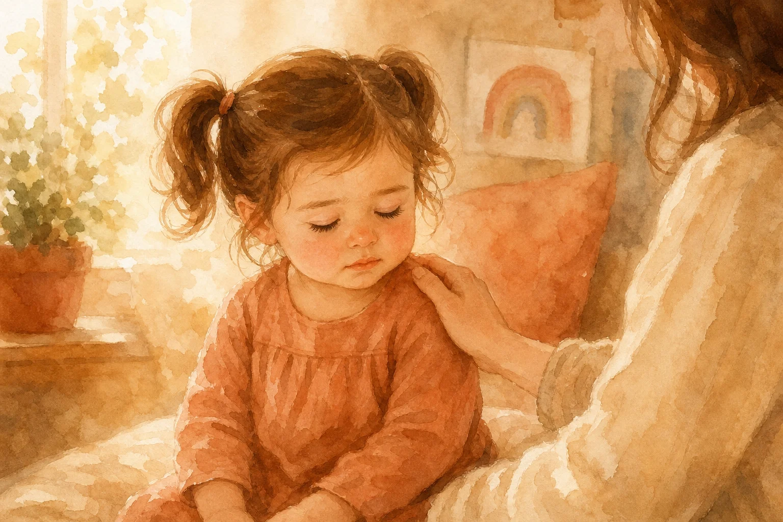 Noa mirando un reloj de arena con expresión concentrada, anclas concretas para la espera, ilustración acuarela