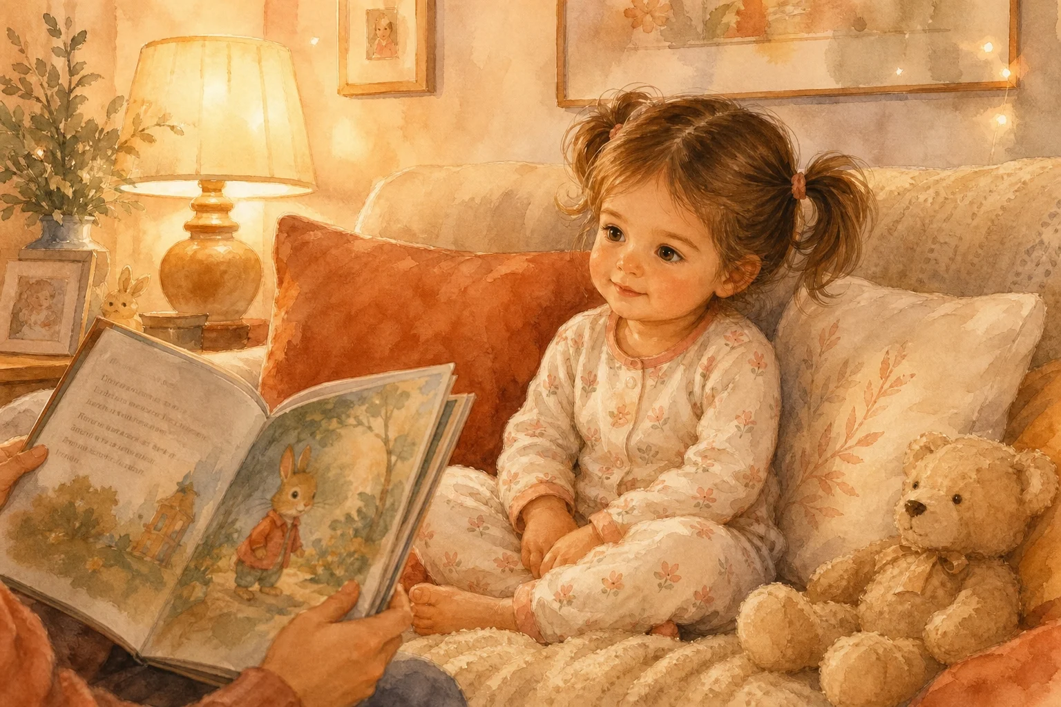 Noa tranquila después del llanto, expresión serena, momento de reconstrucción de la narrativa, ilustración acuarela