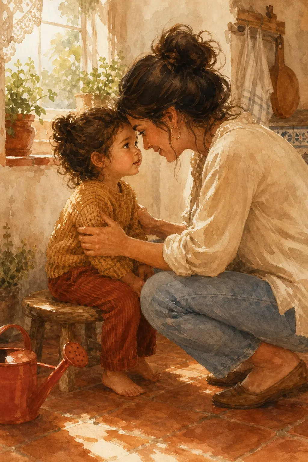 Adulto a la altura de una niña de 2 años, cara a cara, conversación calmada sobre emociones