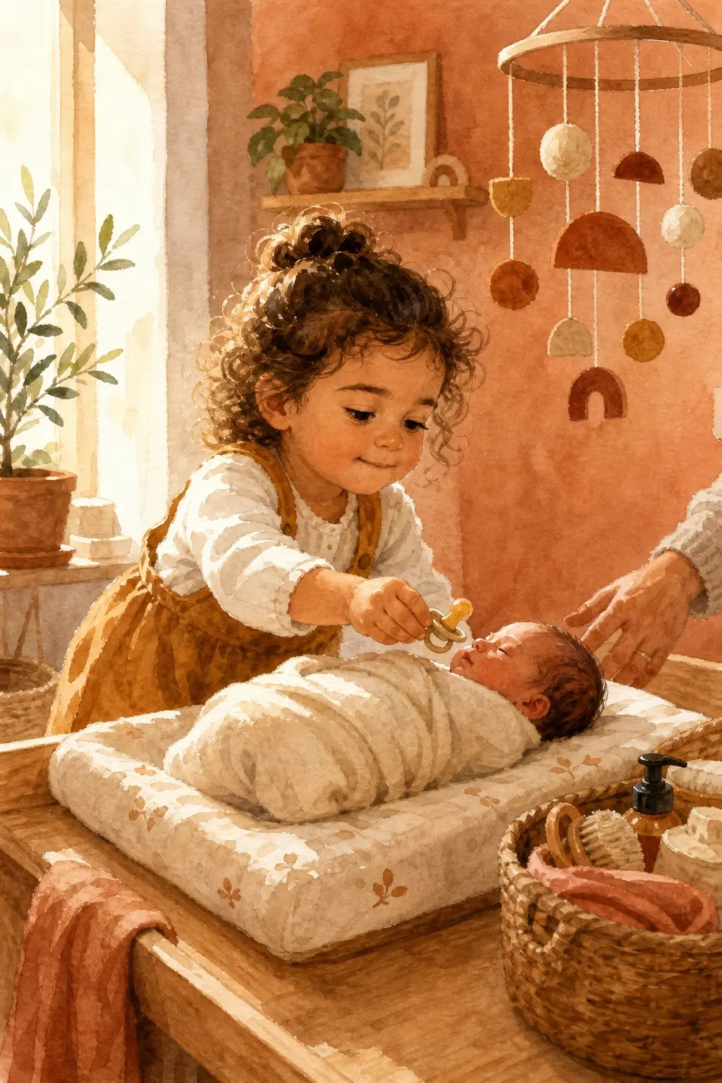 Niña de 2 años ayudando a cuidar al bebé, expresión orgullosa, inclusión hermano mayor