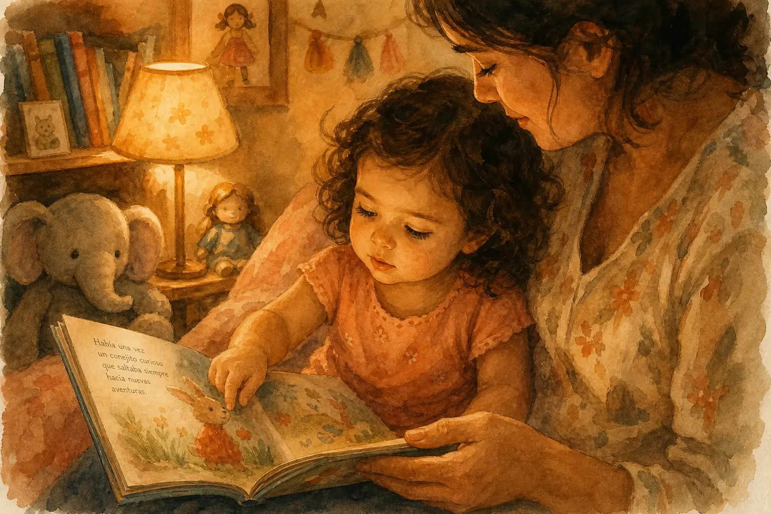 Adulto y niña de 2 años leyendo un cuento juntos acurrucados, momento íntimo