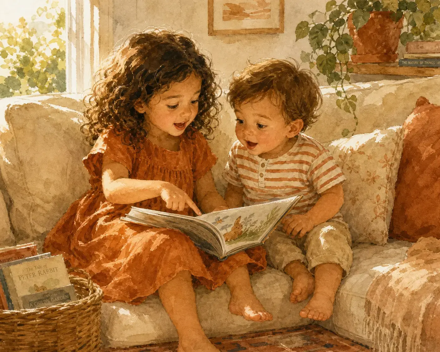 Niña de 4-5 años leyendo un cuento a su hermano pequeño, vínculo fraternal construido desde el acompañamiento emocional