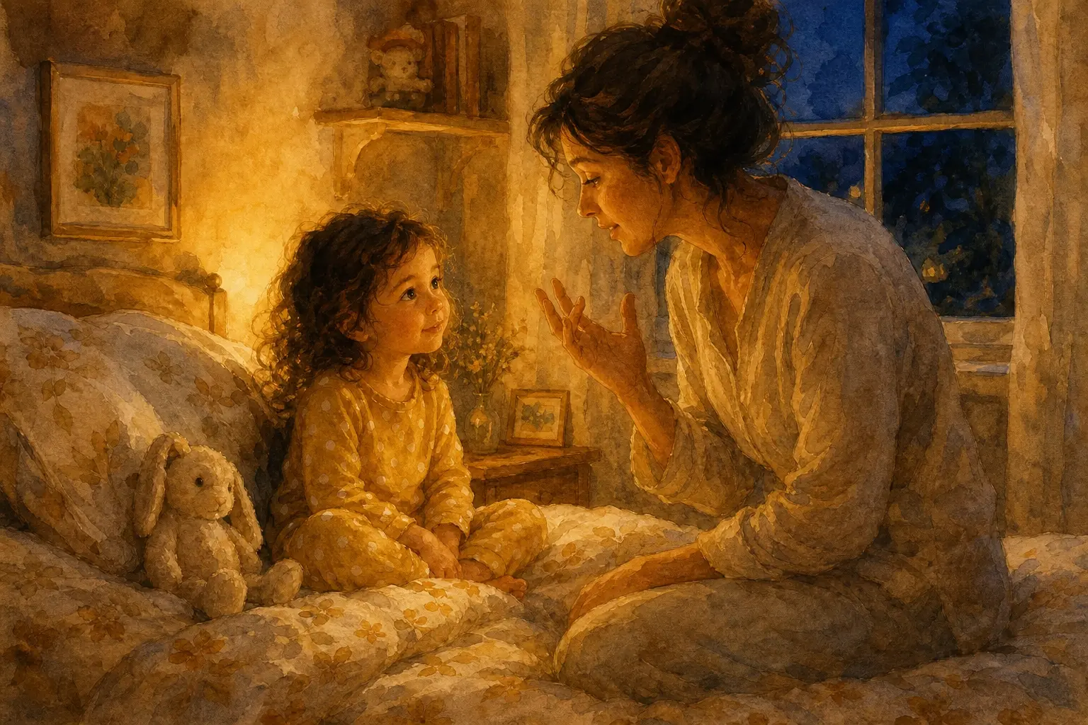 Madre y niña de 2 años sentadas juntas tranquilamente al atardecer, hablando con calma sobre el día