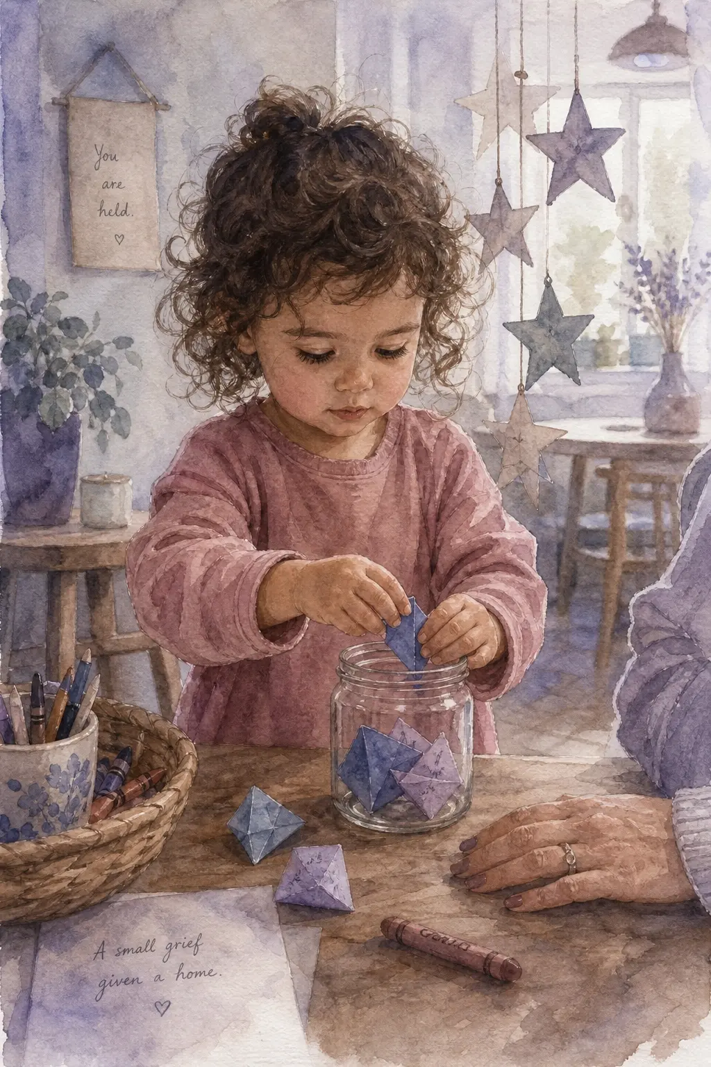 Niña de 2 años metiendo un papel doblado en un frasco transparente pequeño, ritual del frasco de las lágrimas